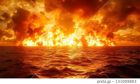 Fiery Horizon: Dramatic Ocean Scene with Burning Sky and Intense 131089863