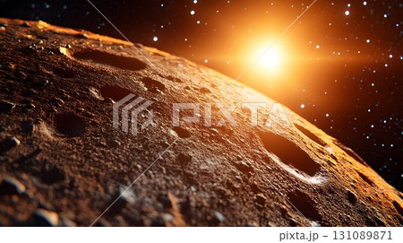 Sunlit Asteroid Surface with Craters and Sparkling Stars in Spac Sunlit Asteroid Surface with Craters and Sparkling Stars in Spac 131089871