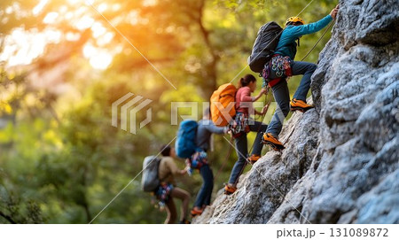 Rock Climbing Team Ascending Cliff Face in Golden Sunlight 131089872