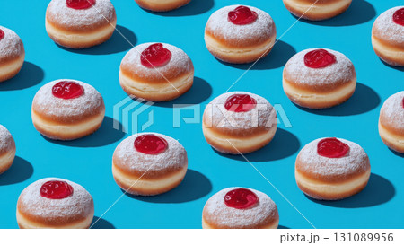 Colorful jelly donuts await Hanukkah fun, created AI 131089956