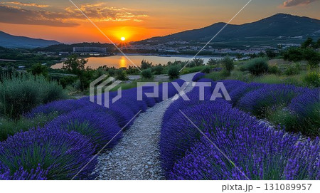 Lavender Field Path Leading to Lake Garda at Sunset, Italy 131089957
