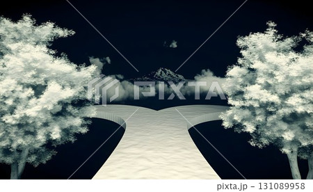 Ethereal pathway between ghostly trees leading to a distant moun 131089958