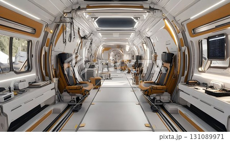 Futuristic Interior: A Long View of a Spaceship's Sleek, Modern Futuristic Interior: A Long View of a Spaceship's Sleek, Modern 131089971