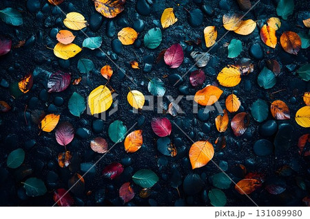 Autumn Leaves on Dark Wet Stones: A Moody Fall Scene Autumn Leaves on Dark Wet Stones: A Moody Fall Scene 131089980
