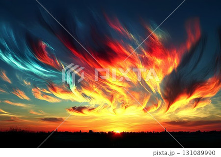 Fiery Sunset Sky with Swirling Cloudscape over Silhouetted City 131089990