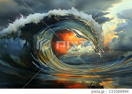 Dramatic Ocean Wave Unveiling Fiery Sunset Sky Dramatic Ocean Wave Unveiling Fiery Sunset Sky 131089994