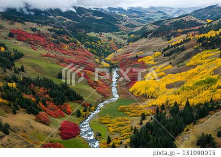 Autumnal River Valley: Vivid Red and Gold Foliage 131090015