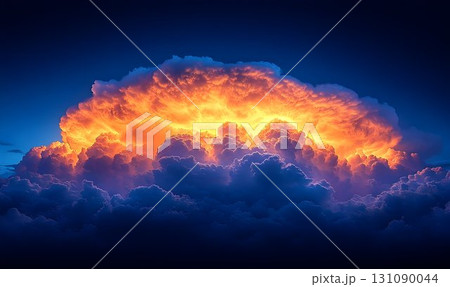 Dramatic Cloudscape: Fiery Orange Clouds Against Deep Blue Sky 131090044