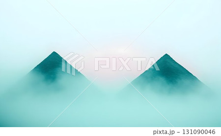 Ethereal Turquoise Pyramids Emerging from a Misty Dreamscape, Mi Ethereal Turquoise Pyramids Emerging from a Misty Dreamscape, Mi 131090046
