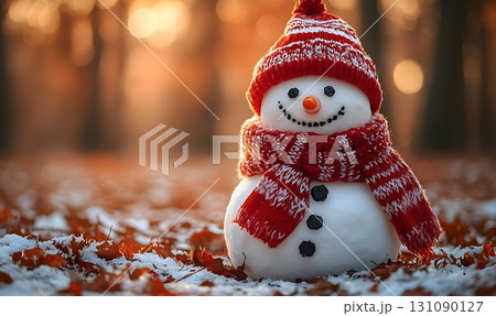 Smiling Snowman with Red Striped Hat and Scarf in a Snowy Autumn 131090127