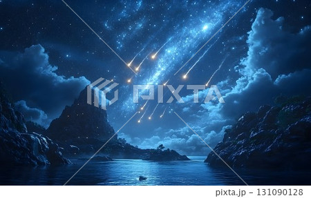 Serene Nightfall: Meteor Shower over Coastal Cliffs 131090128
