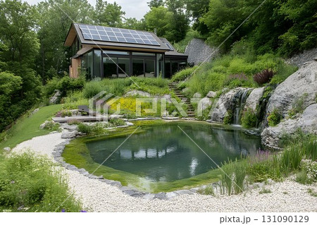 Modern House with Solar Panels Overlooking Natural Swimming Pond 131090129