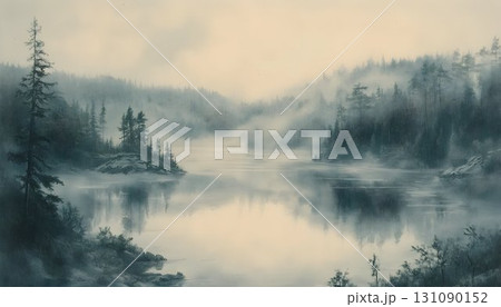 Serene Foggy Lake Enveloped by Misty Pines 131090152