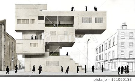 Abstract Brutalist Architecture with Silhouetted Figures and Urb 131090158
