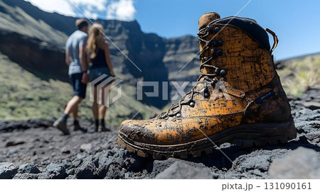 Mud-Splattered Hiking Boot on Volcanic Rock with Distant Hikers 131090161