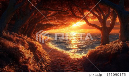 Ocean sunset view through trees peaceful nature scene 131090176