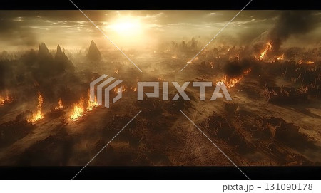 Burning town at sunset aerial view of destruction and chaos 131090178