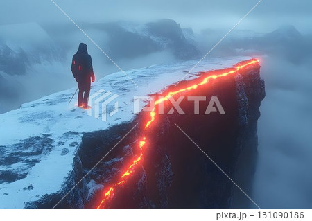 Person on snowy cliff with glowing lava foggy landscape 131090186