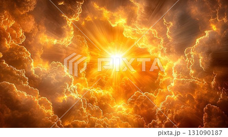 Fiery sunburst through dramatic clouds heavenly light background 131090187
