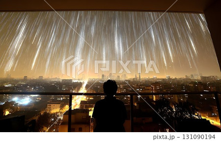 Night cityscape with falling light streaks dark atmospheric view 131090194