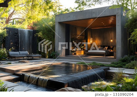 Modern house exterior with zen garden pool and waterfall 131090204