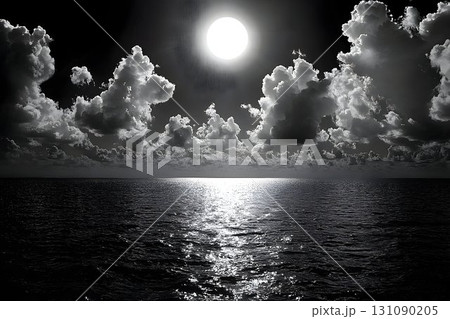 Full moon over calm ocean black and white seascape photography 131090205