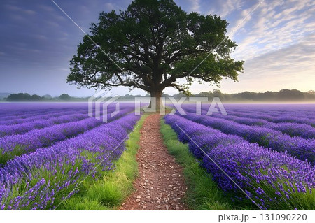 Tranquil lavender field with majestic tree at sunrise Tranquil lavender field with majestic tree at sunrise 131090220