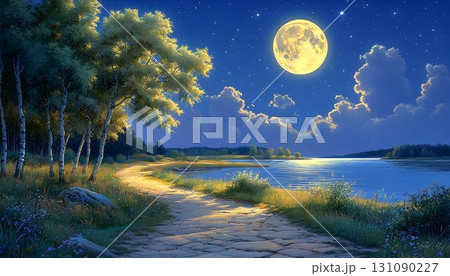 Moonlit Path by the Lake: A Serene Nightscape with Glowing Cloud Moonlit Path by the Lake: A Serene Nightscape with Glowing Cloud 131090227