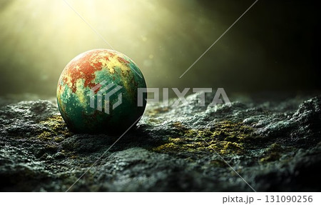 Weathered Sphere Resting on Mossy Terrain Under a Soft, Ethereal 131090256