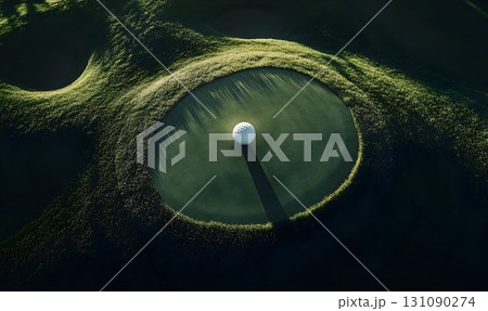 Aerial View of Golf Ball on Green with Long Shadow and Lush Surr 131090274