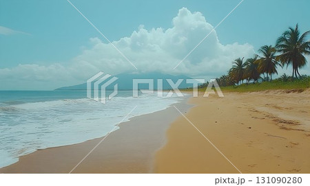 Serene Coastal Scene: Palm Trees, Gentle Waves, and a Majestic M 131090280