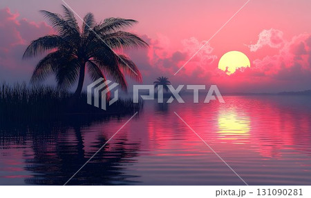 Pink Sunset Over Calm Waters with Palm Trees and Cloud Reflectio 131090281