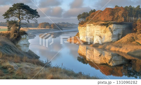 Autumnal River Reflections on Chalk Cliffs 131090282