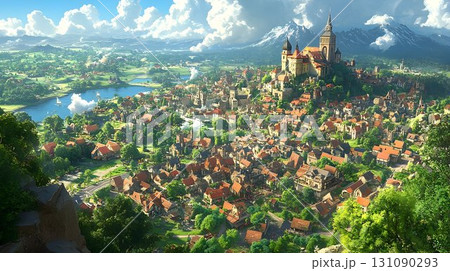 Picturesque Medieval Townscape with Dominating Castle and Distan 131090293