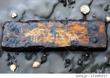 Aged Wooden Plank on a Dark, Sandy Shore 131090317