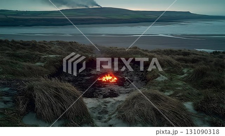 Coastal Dune Fire with Distant Industrial Smoke 131090318
