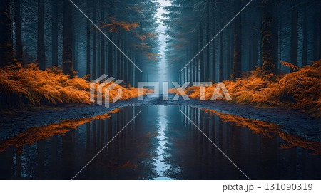 Forest Path Reflection: Autumnal Hues Mirroring Tall Trees in Mi 131090319