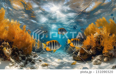Sunlit Underwater Scene with Butterflyfish, Coral, and Sandy Sea 131090320