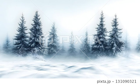 Ethereal Winter Forest: Snow-Dusted Pines in Misty White Landsca 131090321