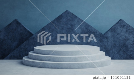 Round Metallic Podium on Minimalist Background with Angular Dark Mountains Round Metallic Podium on Minimalist Background with Angular Dark Mountains 131091131
