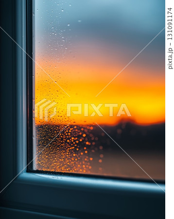 Water Drops Scattered on Smooth Window Pane Reflecting Sunset Glow and Calm Vibes Water Drops Scattered on Smooth Window Pane Reflecting Sunset Glow and Calm Vibes 131091174