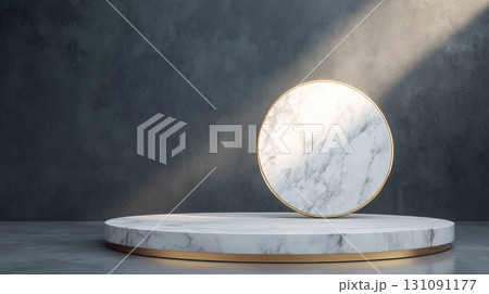 Elegant Round Marble Podium with Soft Light and Minimalist Background Elegant Round Marble Podium with Soft Light and Minimalist Background 131091177