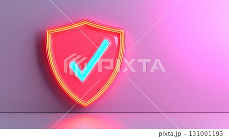 Vibrant 3D Icon of a Protective Shield with Check Mark on a Soft Pink Background 131091193