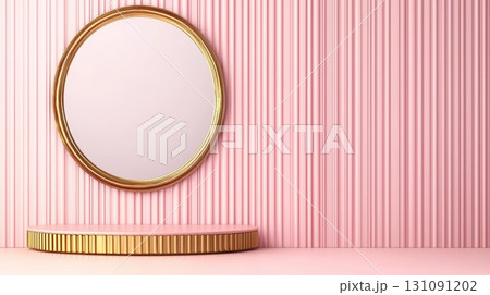 Elegant Round Mirror and Golden Podium Against Pink Striped Wall Background Elegant Round Mirror and Golden Podium Against Pink Striped Wall Background 131091202