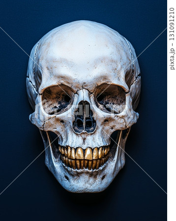 Detailed Pirate Skull with Golden Teeth on Dark Background for Captivating Artwork Detailed Pirate Skull with Golden Teeth on Dark Background for Captivating Artwork 131091210