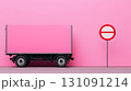 3D Pastel Truck Icon with Restriction Sign Against Bright Pink Wall 131091214