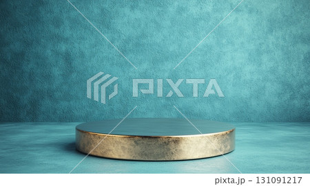Smooth Matte Silver Round Podium on a Textured Turquoise Background Smooth Matte Silver Round Podium on a Textured Turquoise Background 131091217