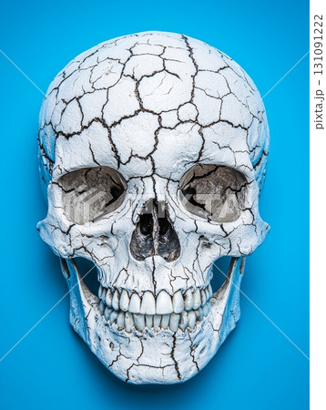 Realistic Pirate Skull Design with Scarred and Cracked Features on Vibrant Background 131091222