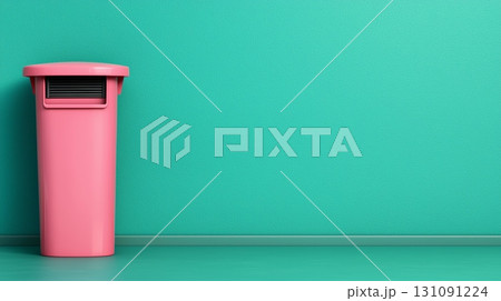 Pastel Pink Trash Can Against a Vibrant Turquoise Wall in a Modern Interior Setting Pastel Pink Trash Can Against a Vibrant Turquoise Wall in a Modern Interior Setting 131091224