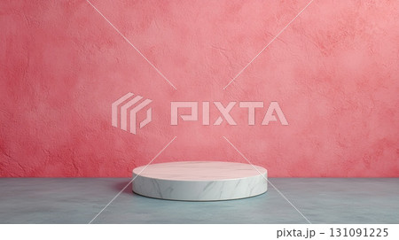 Luxury Round Podium with Polished Surface against Pink Textured Background Luxury Round Podium with Polished Surface against Pink Textured Background 131091225